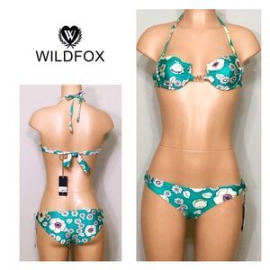 WILDFOX sixties teal floral bikini. XS-top/S-bottom. NWT